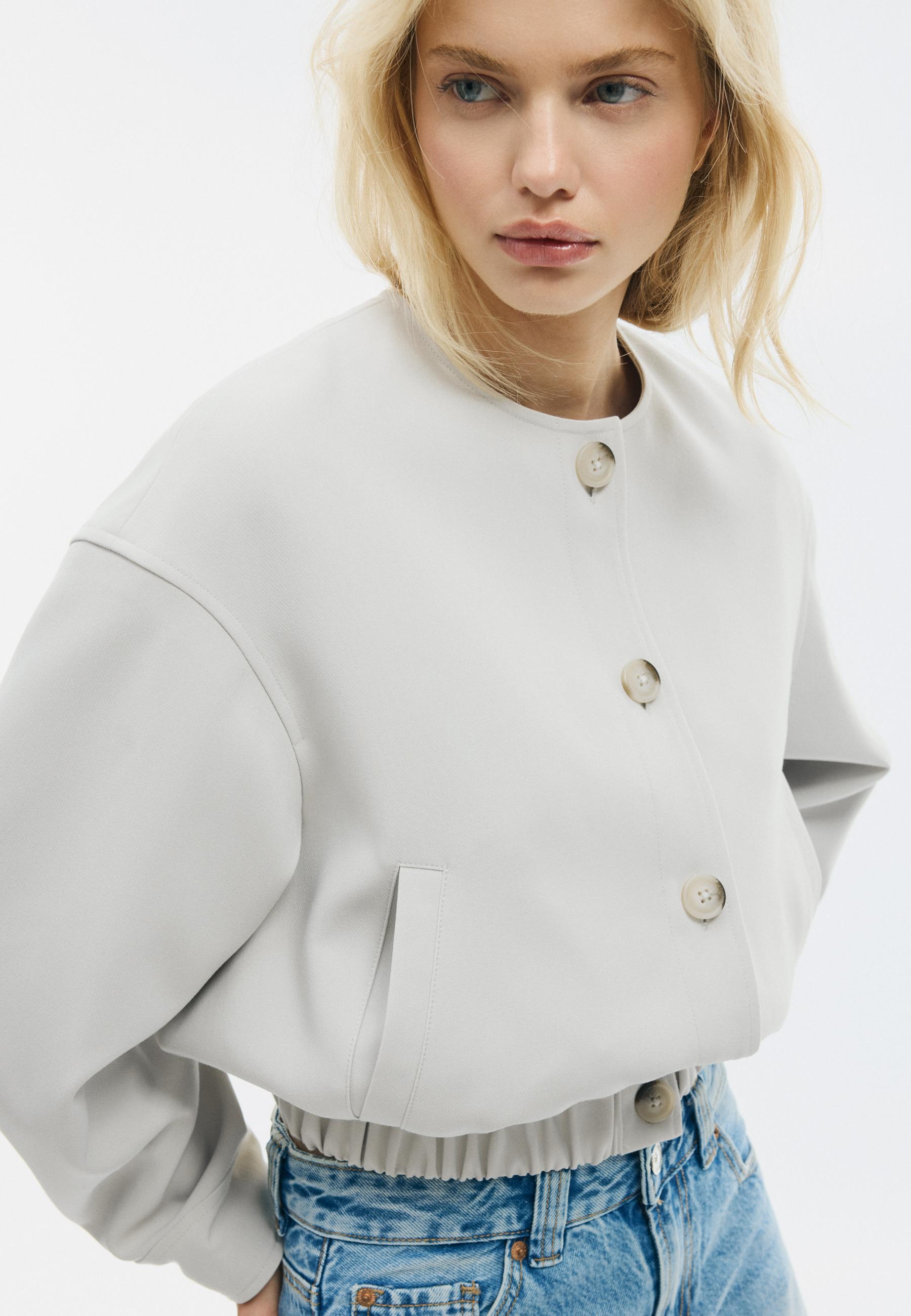Puff sleeve round neck jacket — Ecru