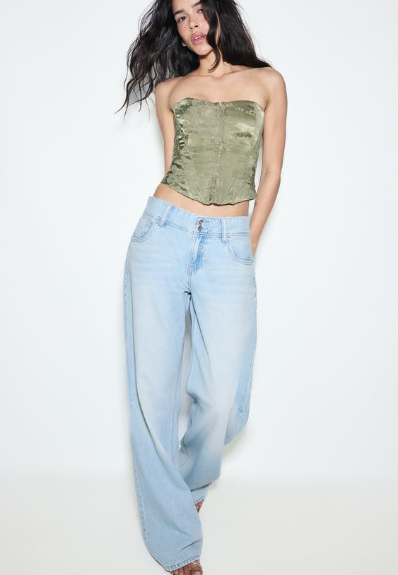 Stradivarius Blugi Talie Joasă Cu Nasture Dublu Efect Prespălat Denim Albastru Mediu Deschis 38