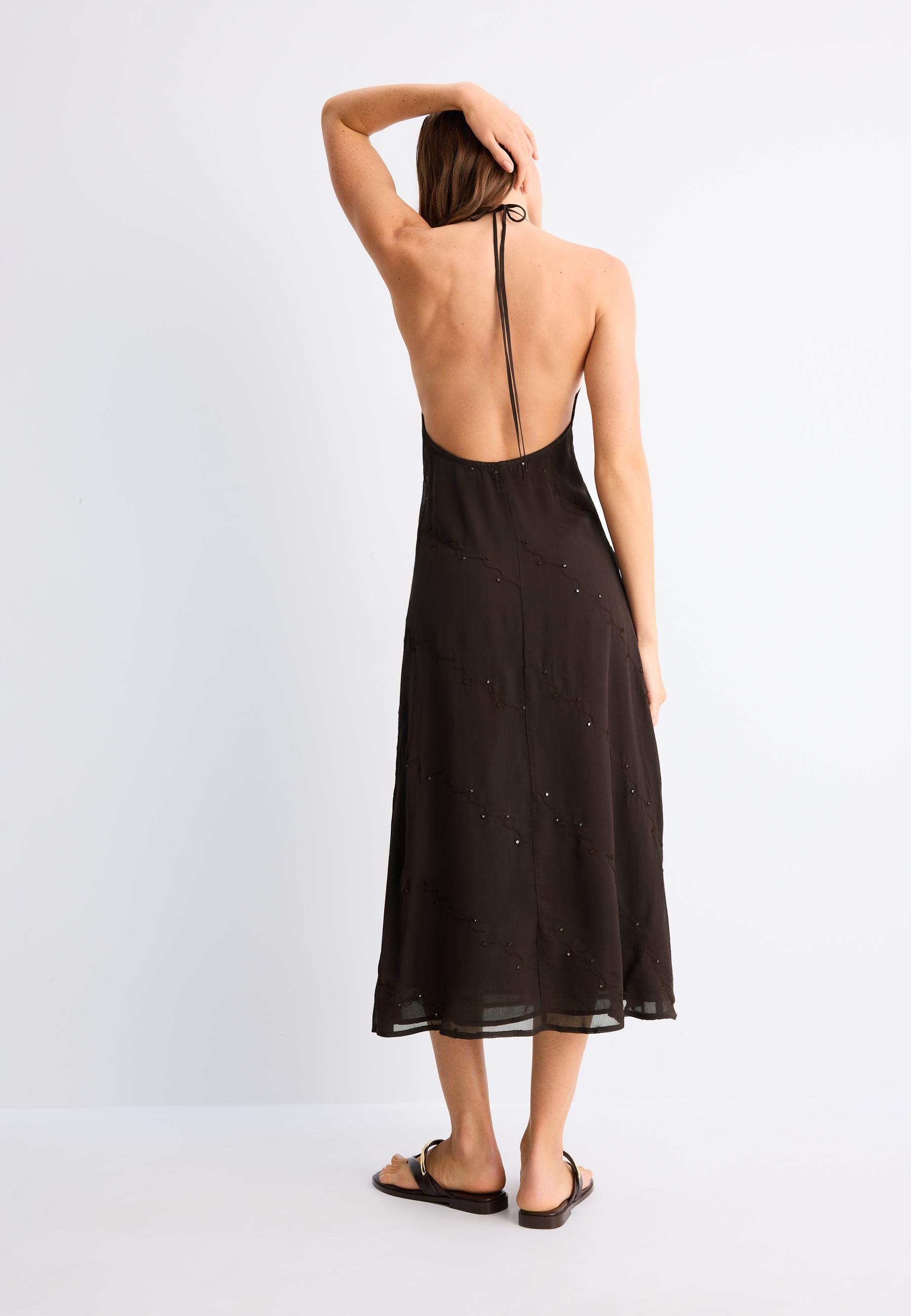 Long halter embroidered dress — Brown