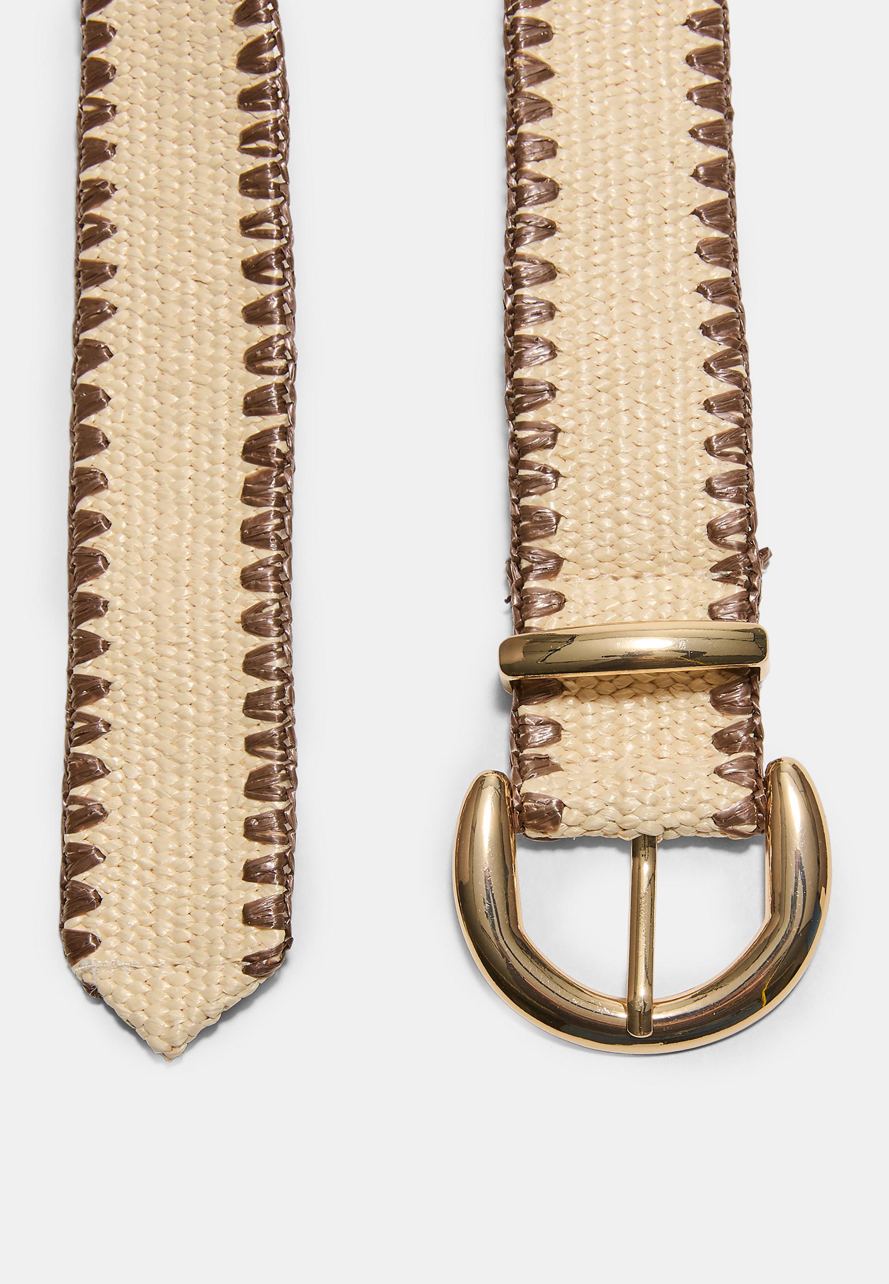 Raffia belt with topstitching — Brown