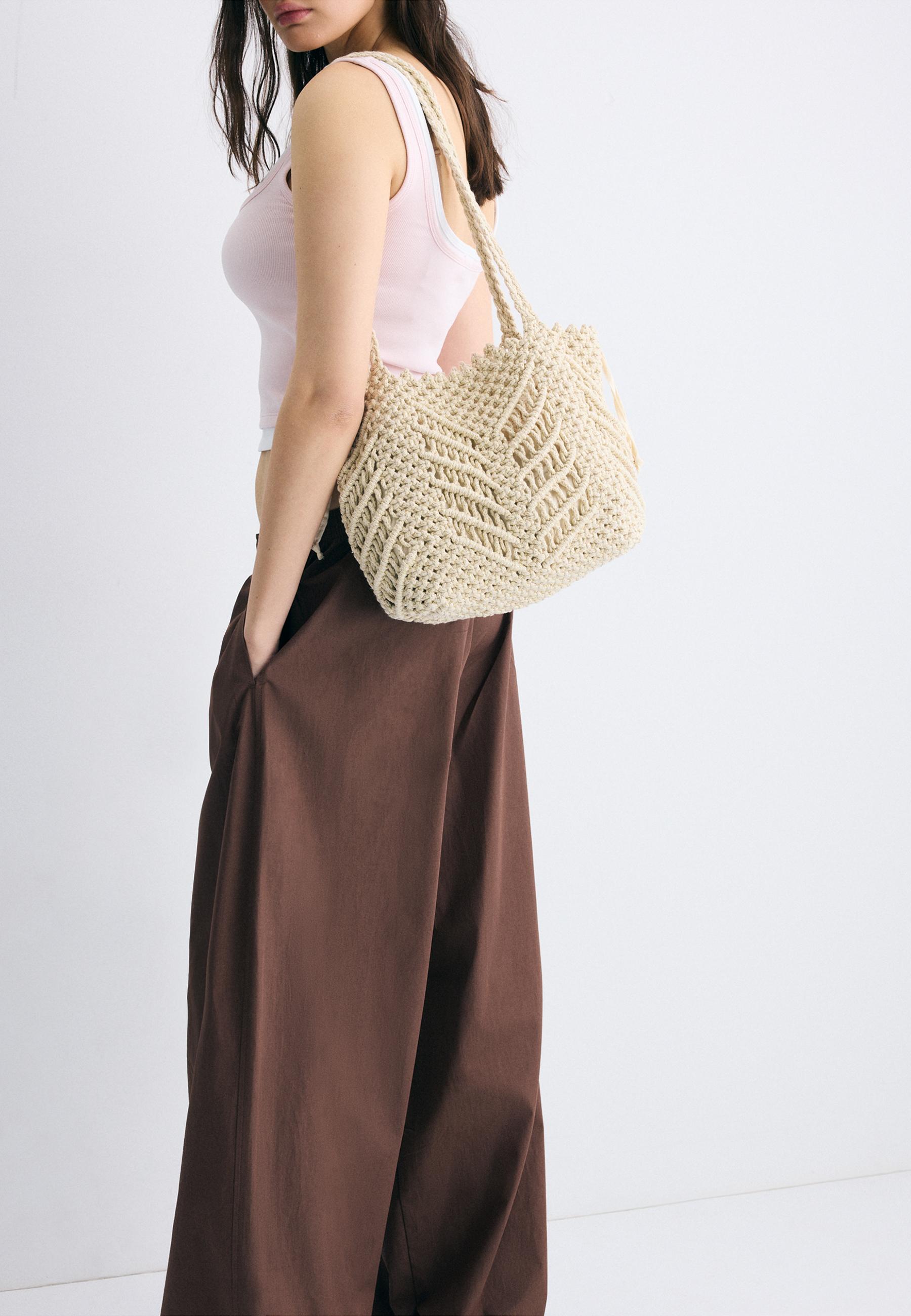 Metallic thread crochet shopper bag — Ecru