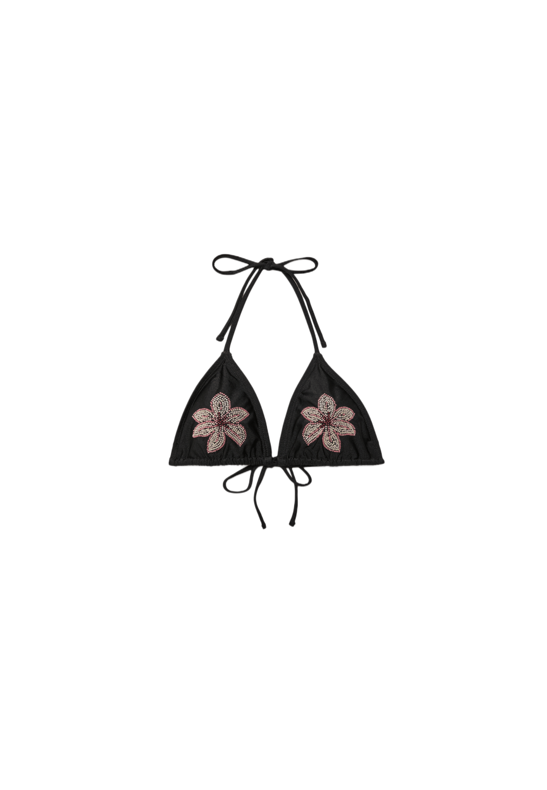EMBROIDERED FLOWER TRIANGLE BIKINI TOP — Black