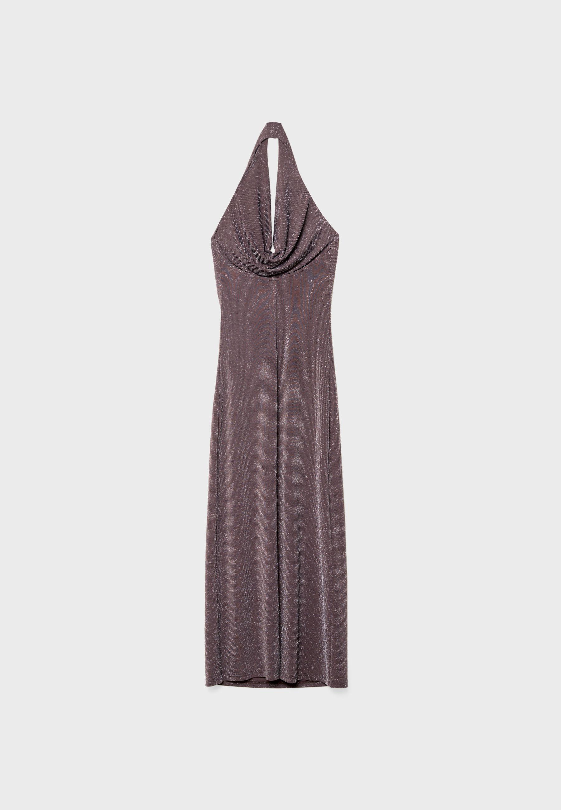 Metallic thread halter midi dress — Brown