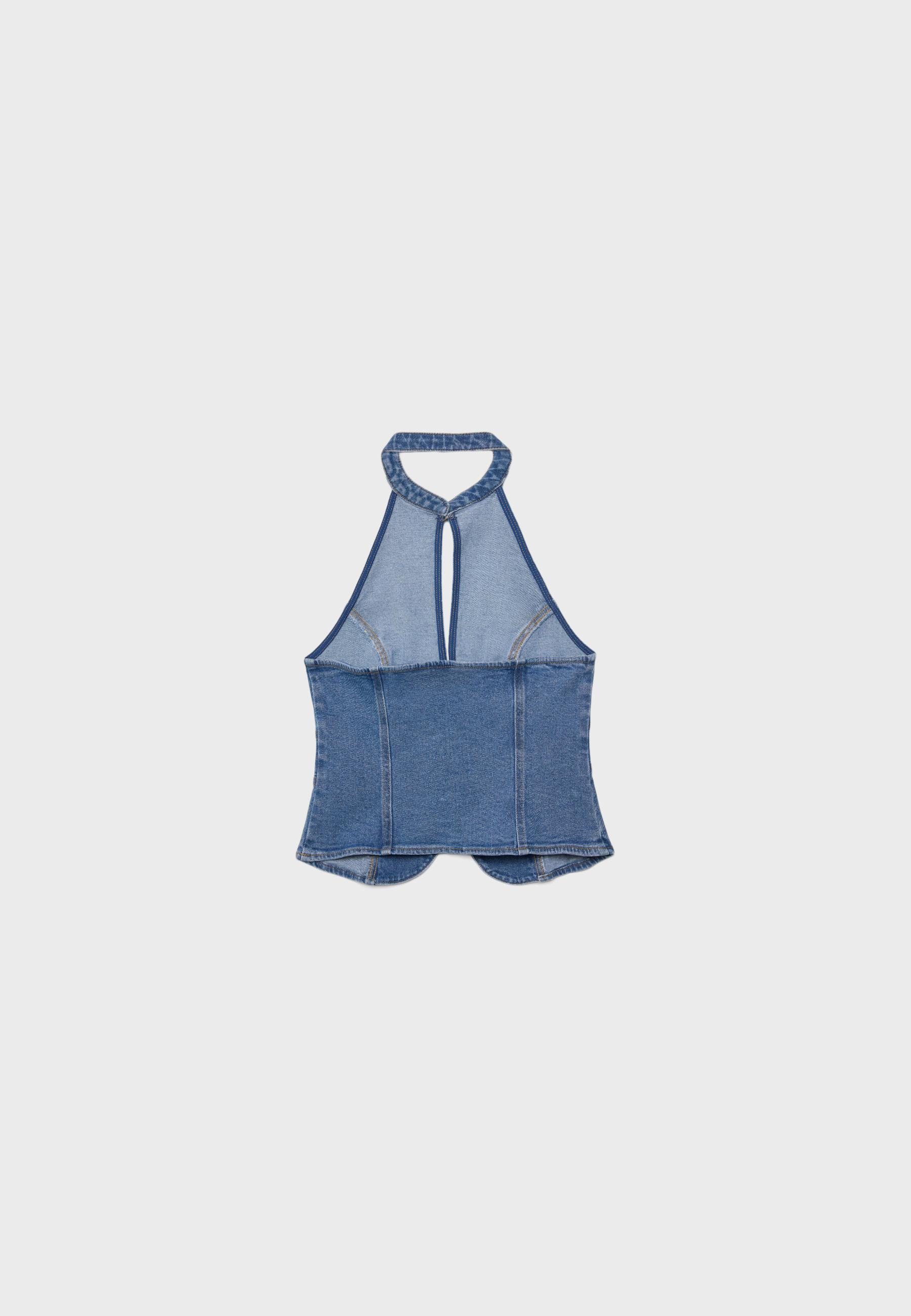 Qipao halter denim top