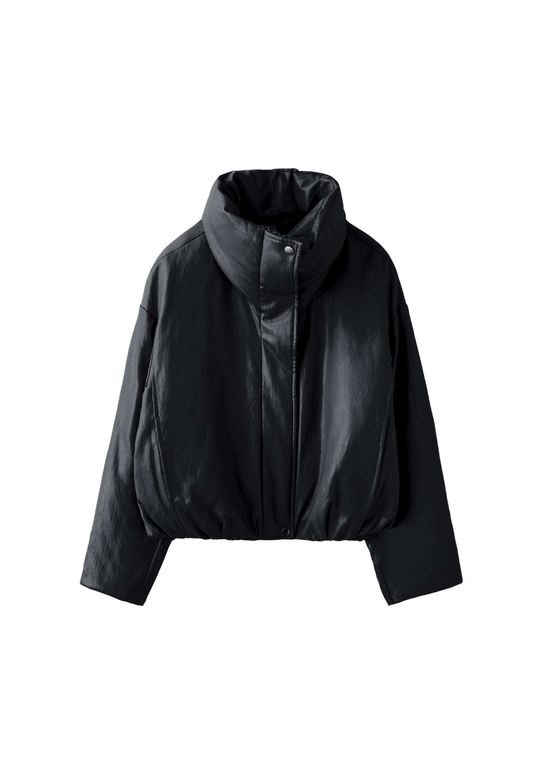 Leather effect high neck puffer jacket — Black