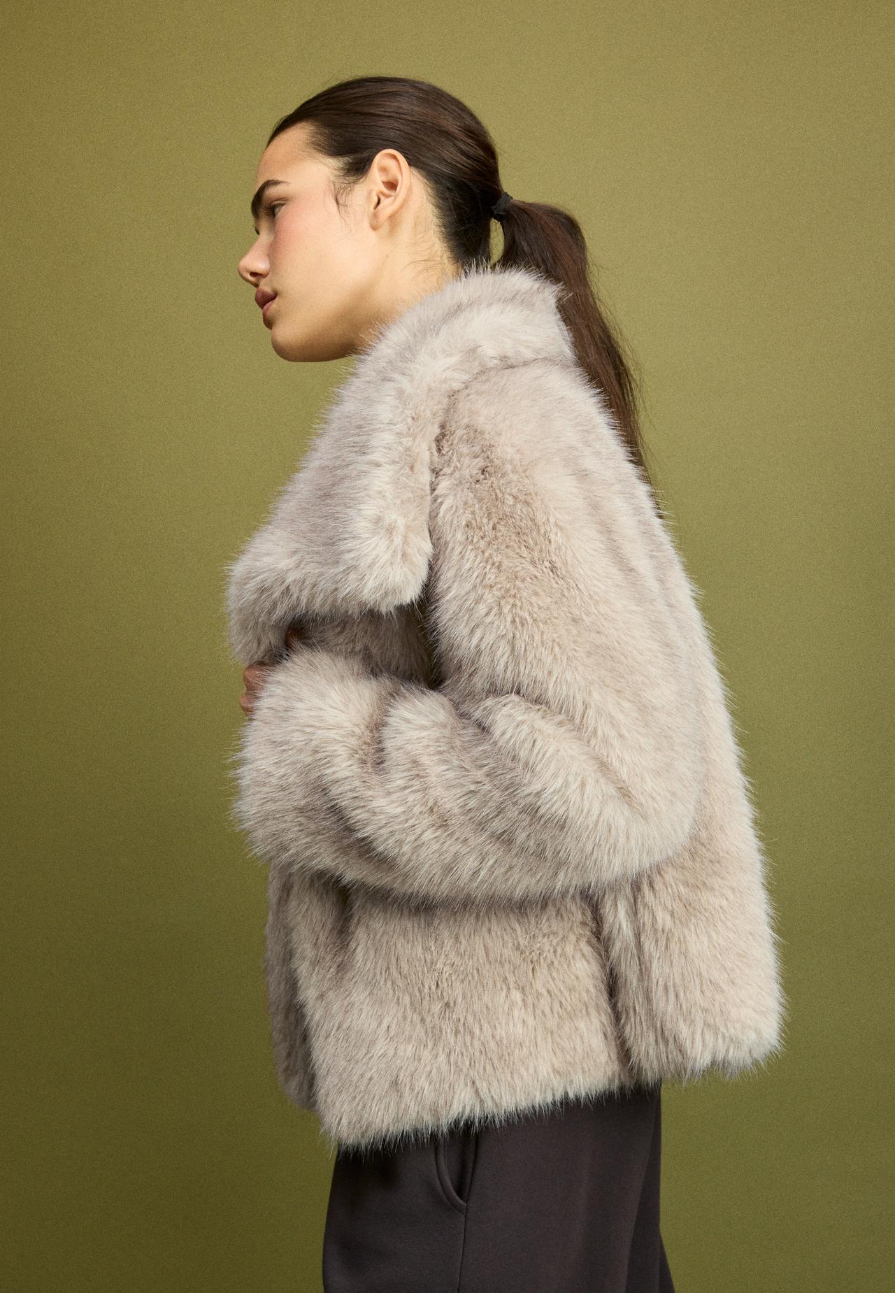 Basic high neck faux fur jacket — Stone