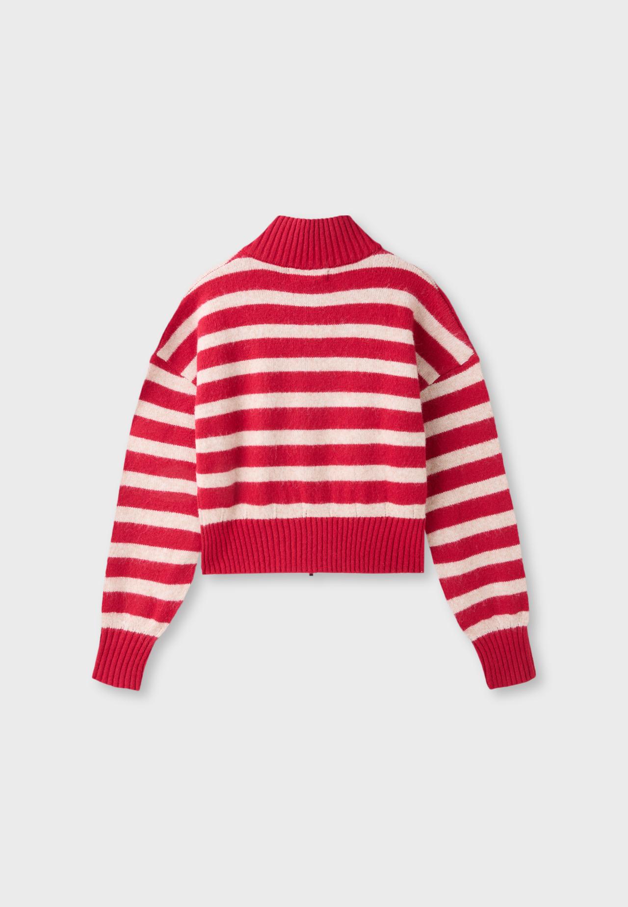 Striped zip-up knit cardigan — Red