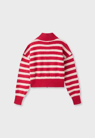 Striped zip-up knit cardigan — Red 8