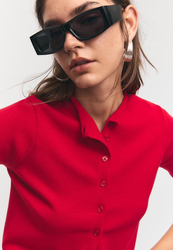 Stradivarius Stand Collar Buttoned Knit Cardigan Red L