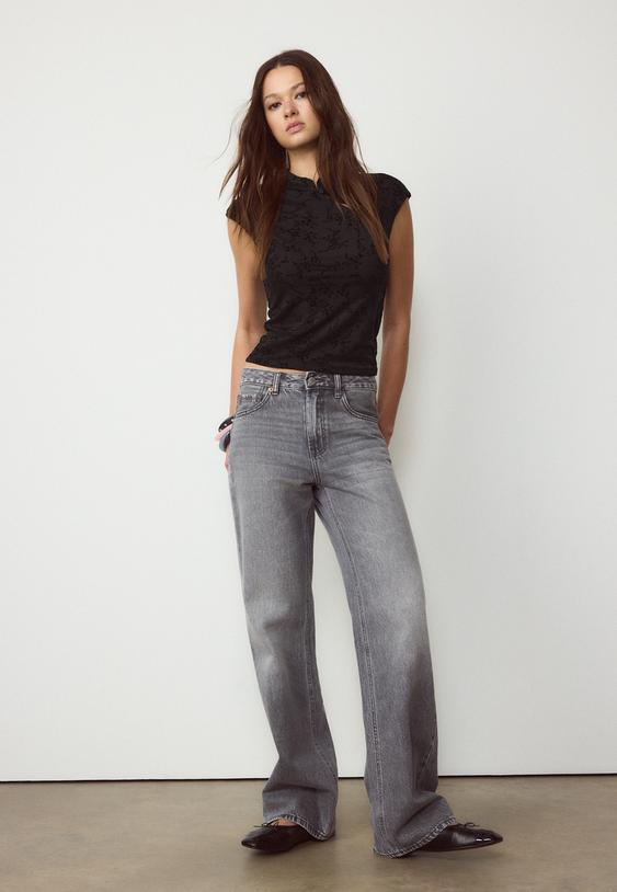 Stradivarius Flocked Qipao Style T-Shirt Black M