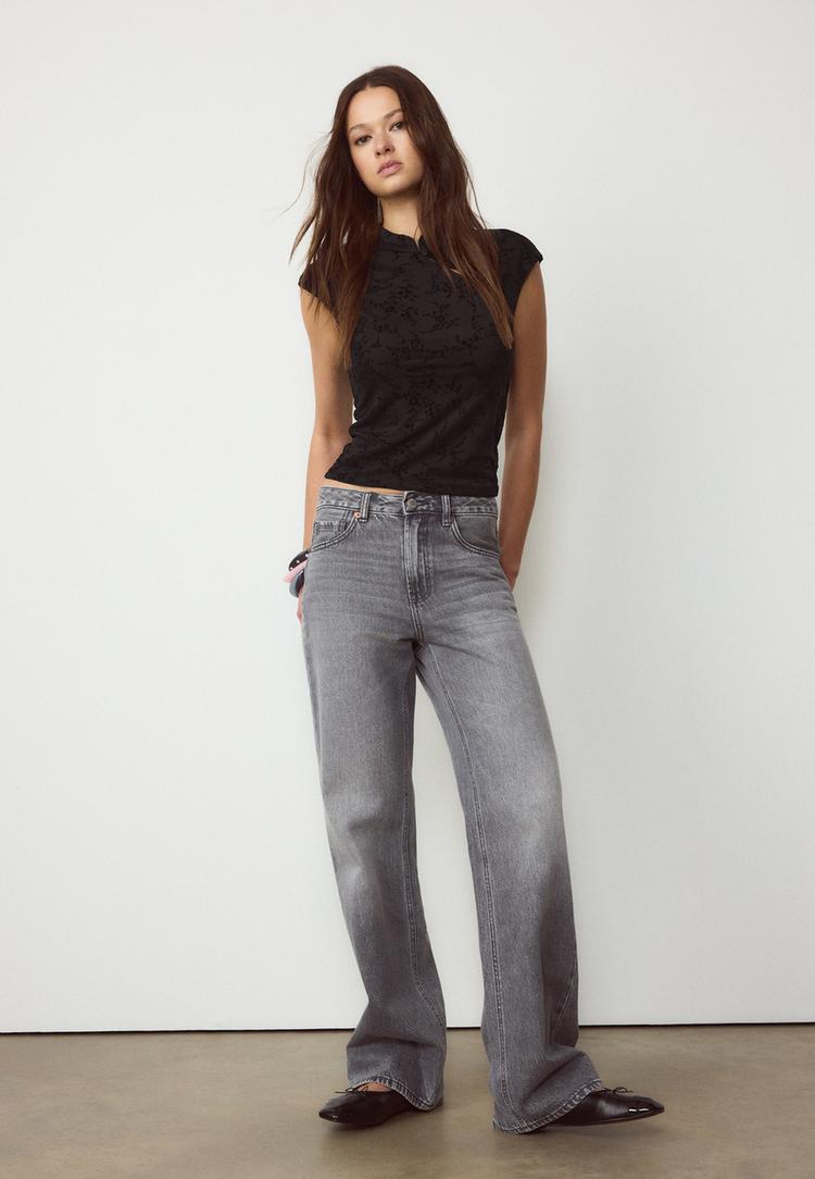 Stradivarius Φλοκαριστό Μπλουζάκι Τύπου Τσιπάο Μαύρο S