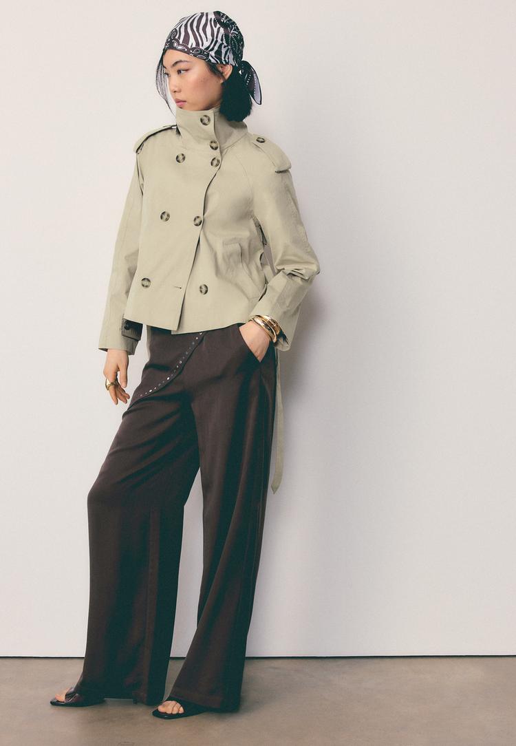 Stradivarius Trench Ψηλός Γιακάς Ζώνη Μπεζ M