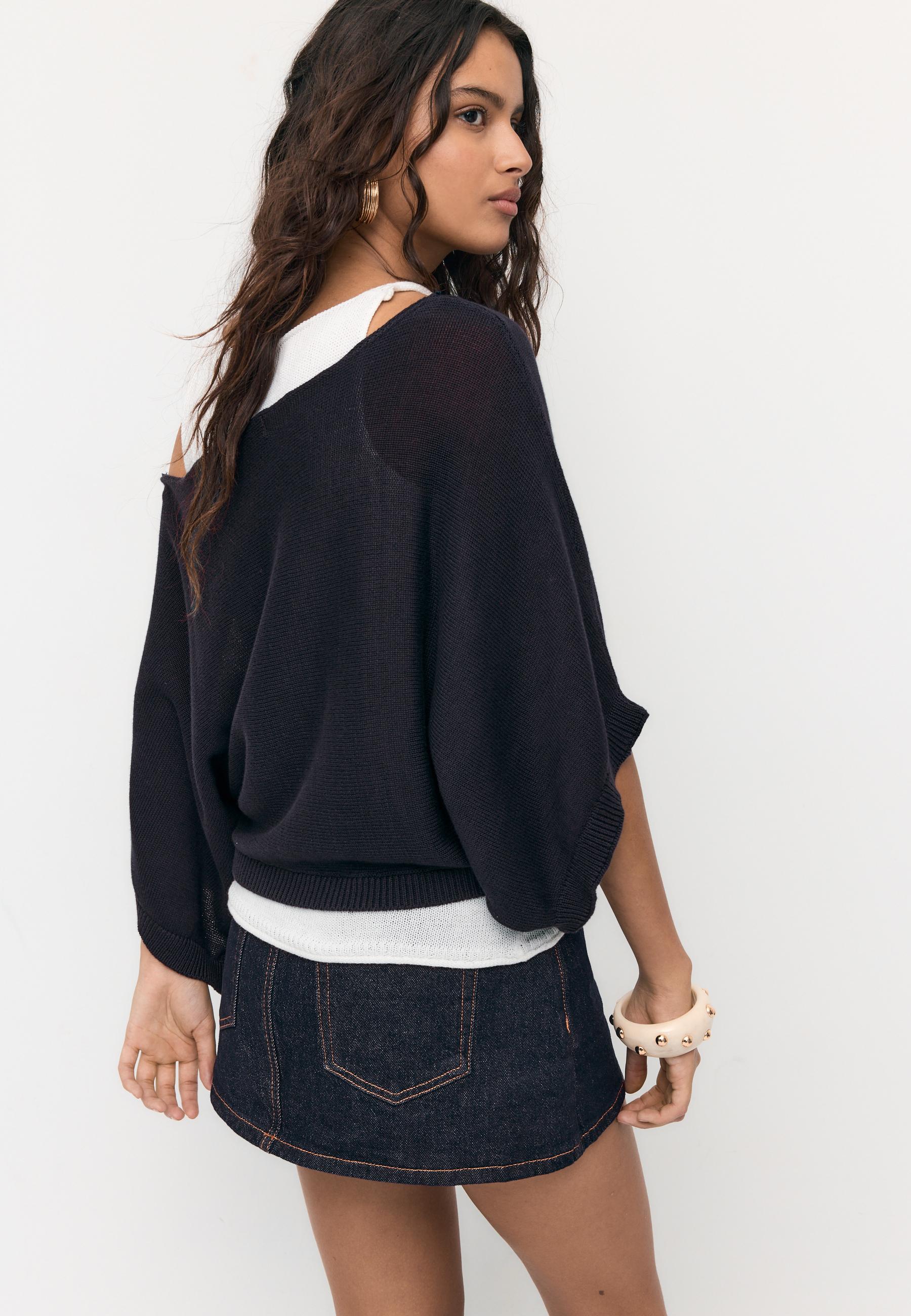 Boat neck knit jumper with overlay — Dark blue