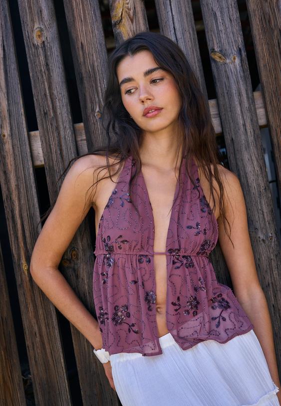 embroidered halter top with rhinestones