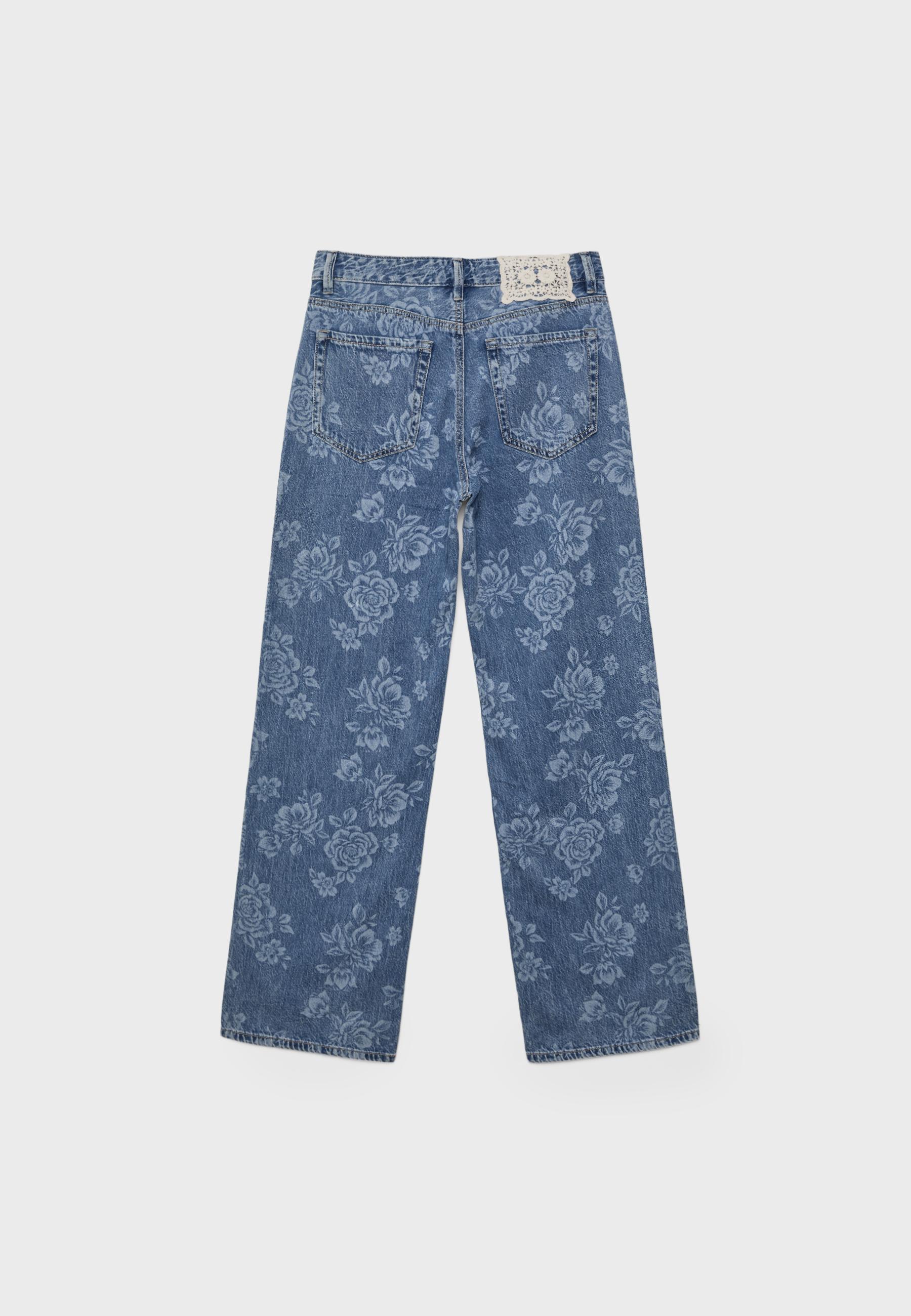 Straight-leg jeans with laser floral print — MEDIUM BLUE DENIM
