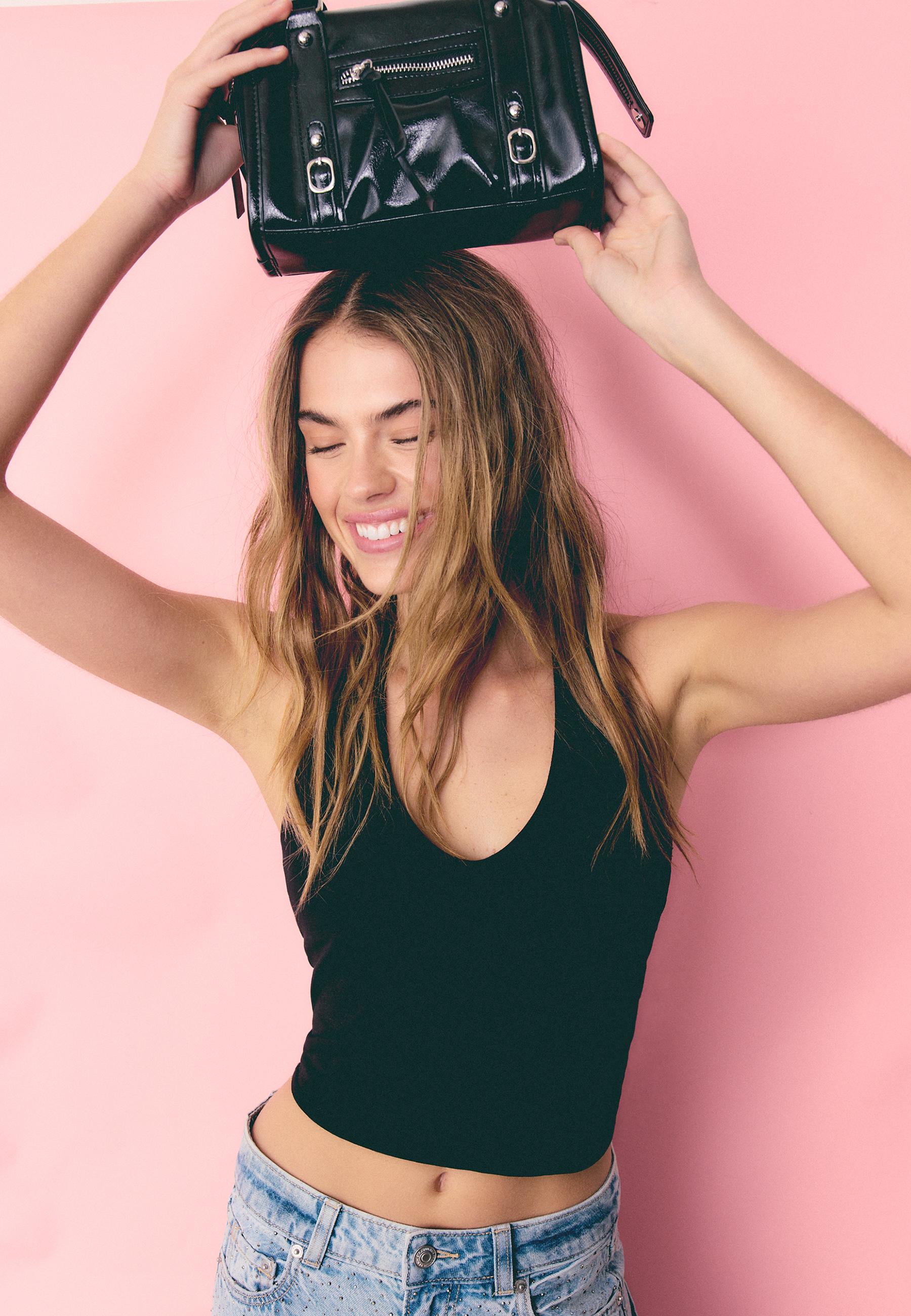 Faux leather crossbody bowling bag — Black