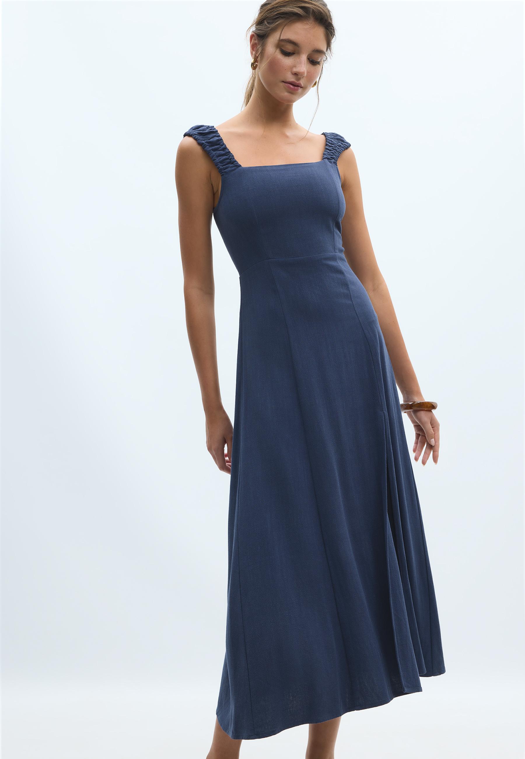 Linen-look cross-back midi dress — Navy blue
