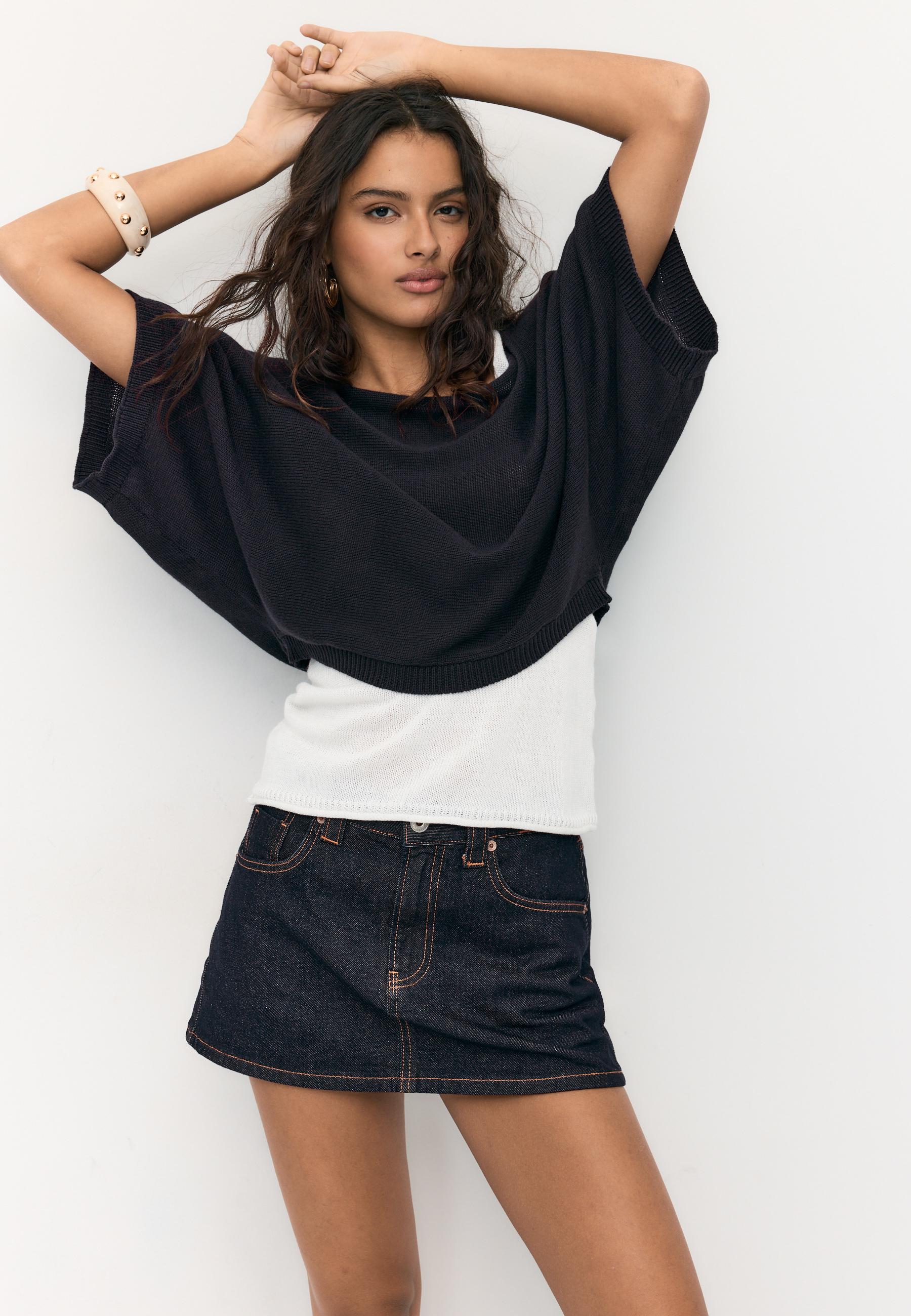 Boat neck knit jumper with overlay — Dark blue