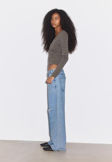 Wide-leg crossover waist jeans — MEDIUM LIGHT BLUE DENIM 6