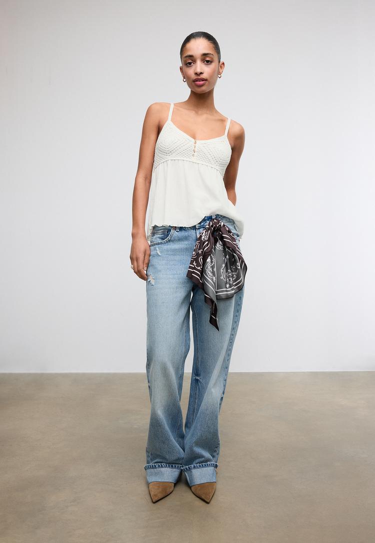 Stradivarius Top Croșetat Cu Volane Alb L