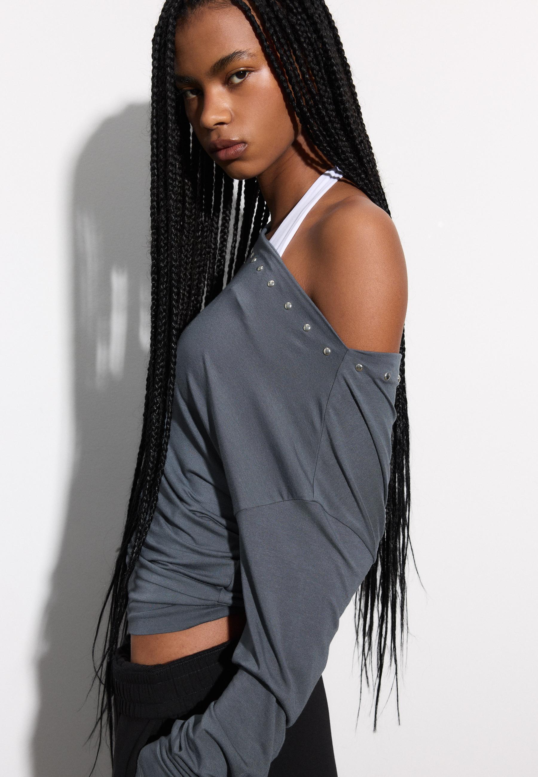 Asymmetric T-shirt with studs — Dark grey