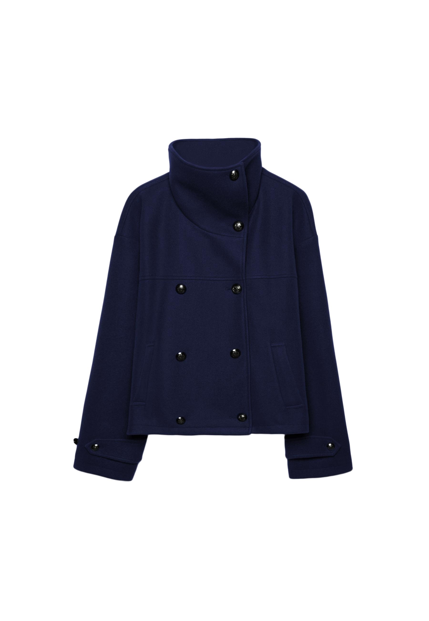 Soft-touch crossover high neck jacket — Navy blue