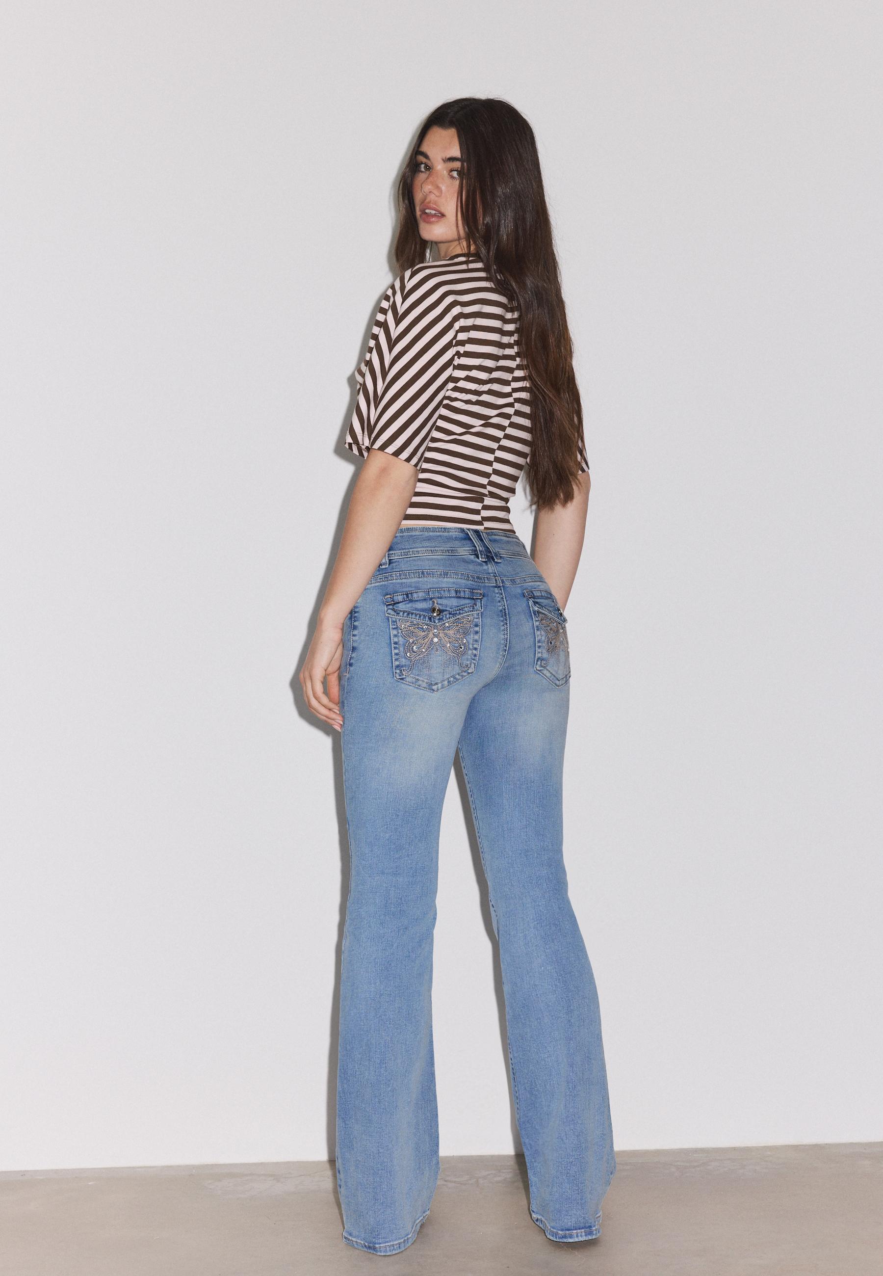 Embroidered bell bottom jeans — MEDIUM LIGHT BLUE DENIM