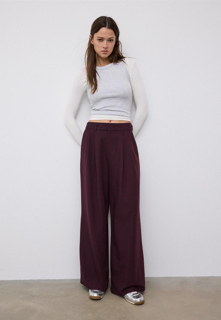Stradivarius Pantaloni Super Wide Ajustabili Grena 40