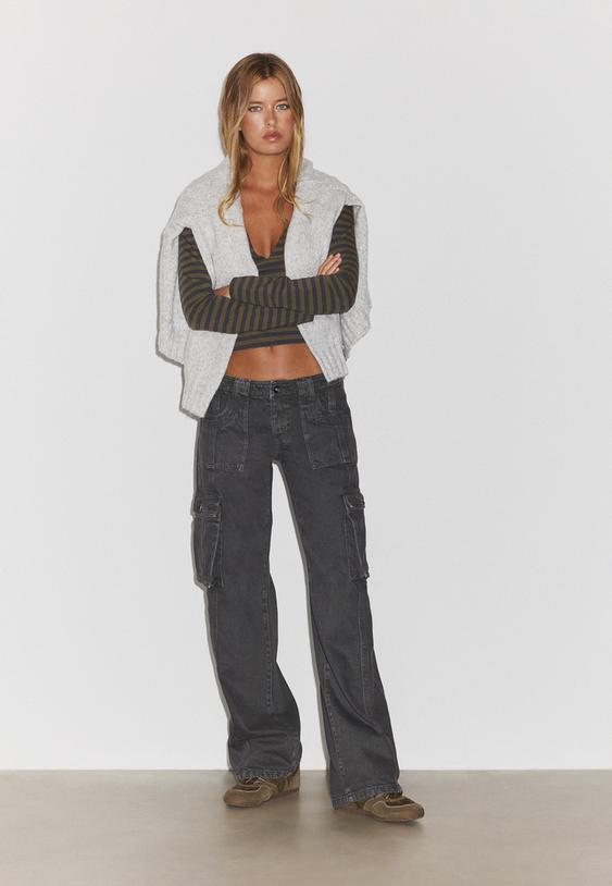 Stradivarius Low-Rise Cargo Trousers Dark Grey 8