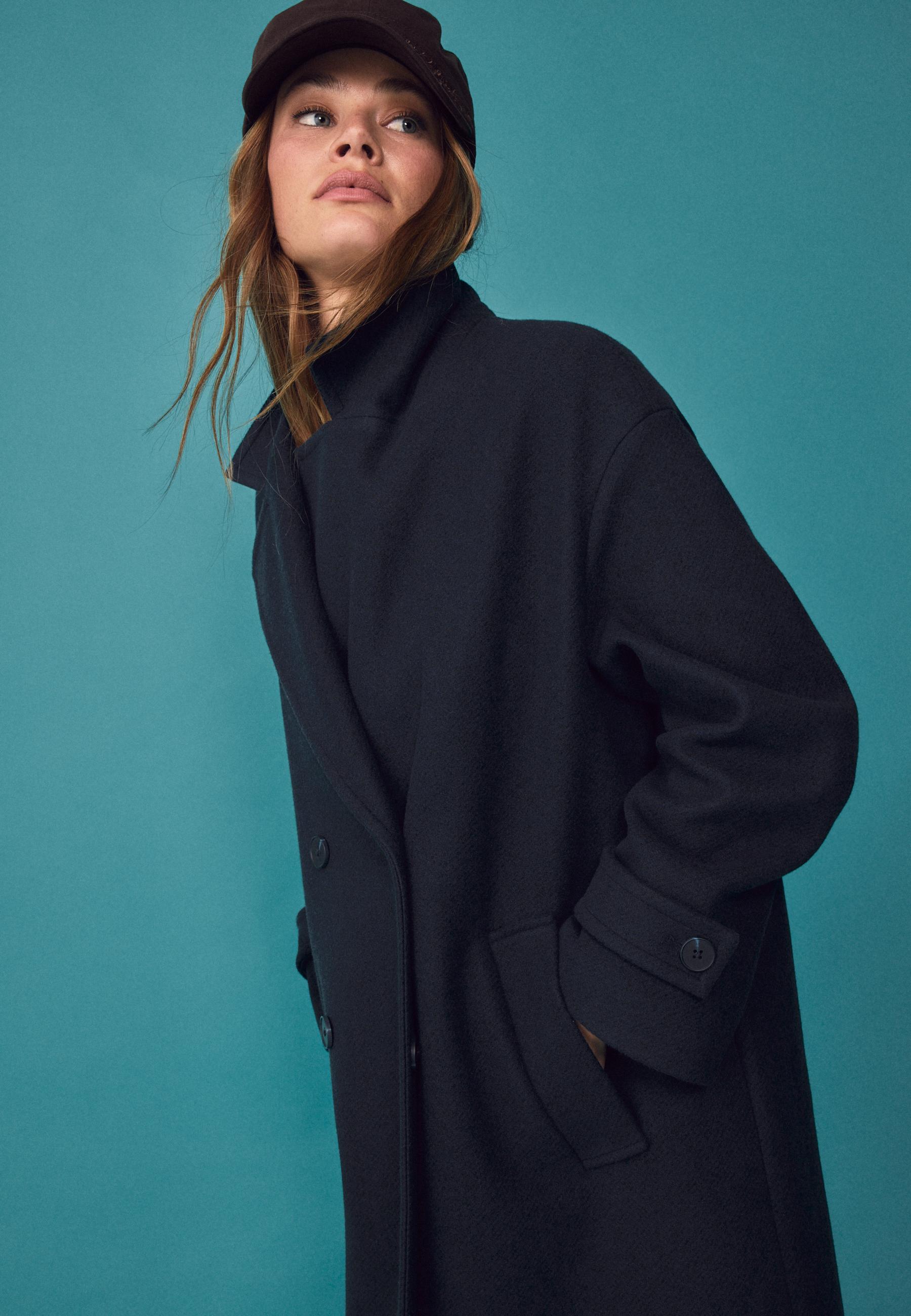 Long soft-touch oversize coat — Navy blue
