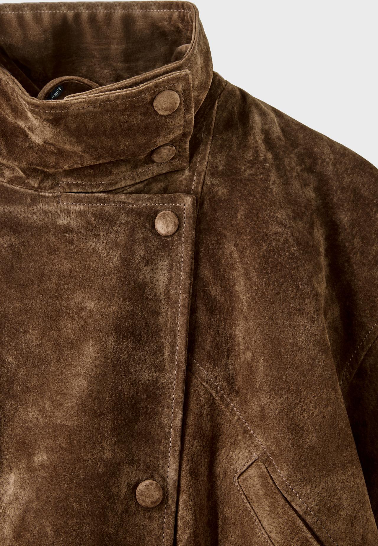 100% leather high neck trench coat with belt — Brown