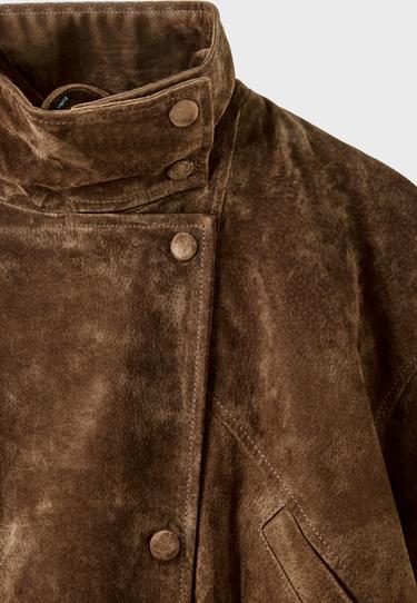 100% leather high neck trench coat with belt — Brown 10
