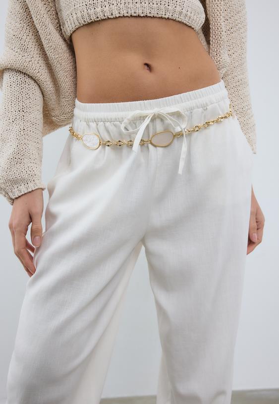 Stradivarius Metal Belt With Coloured Stones And Chain Ecru S