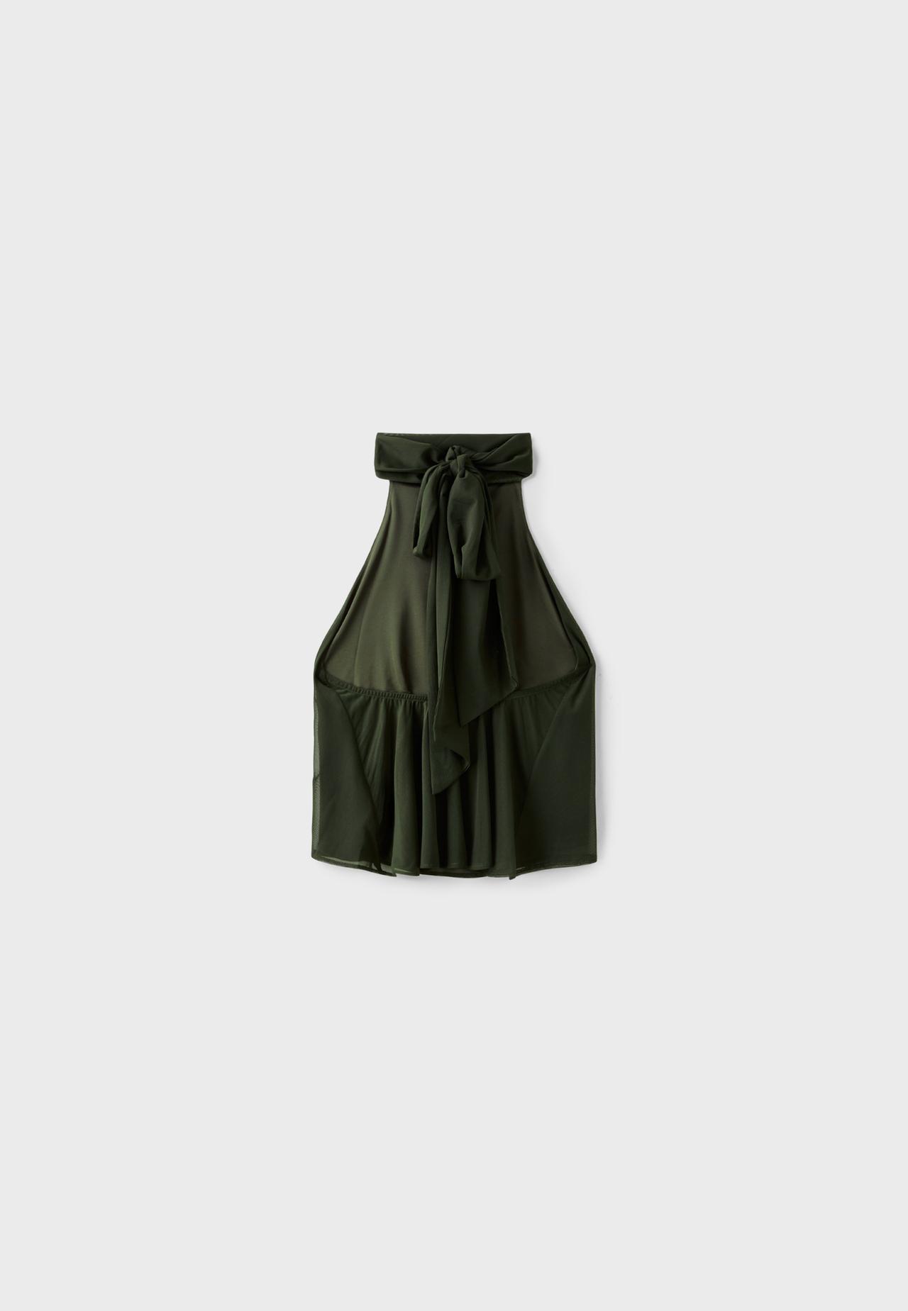 Printed tulle halter scarf top — Khaki