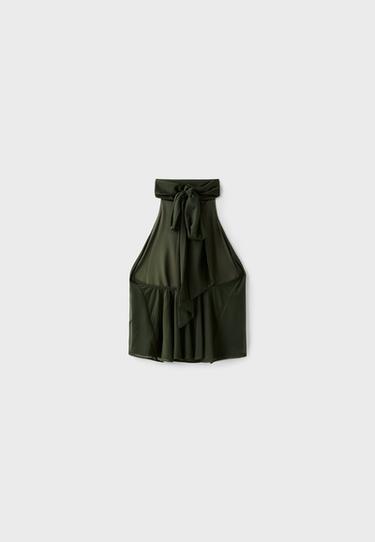 Printed tulle halter scarf top — Khaki 8