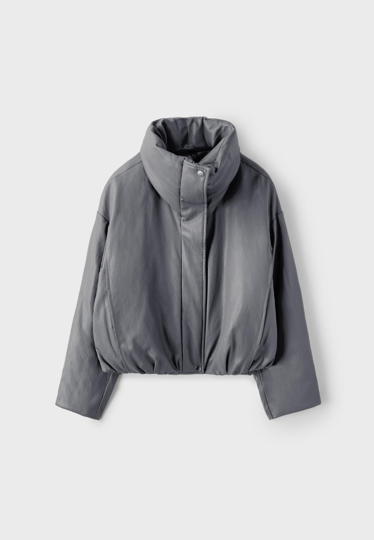 High neck leather effect puffer jacket — Dark grey