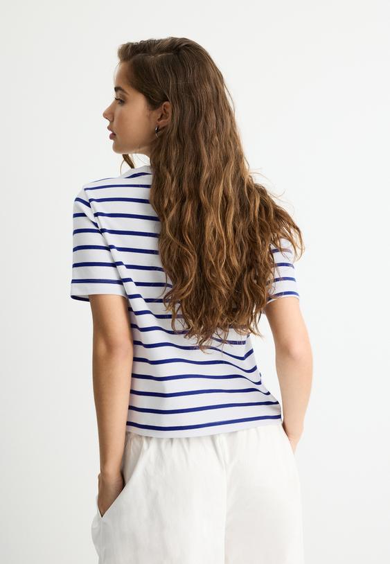 Stradivarius T-Shirt Basique Regular Fit Heavy Weight Rayures Bleu Électrique L