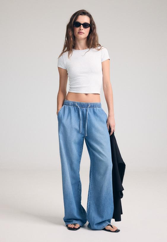 bagcıklı dokumlu denim pantolon