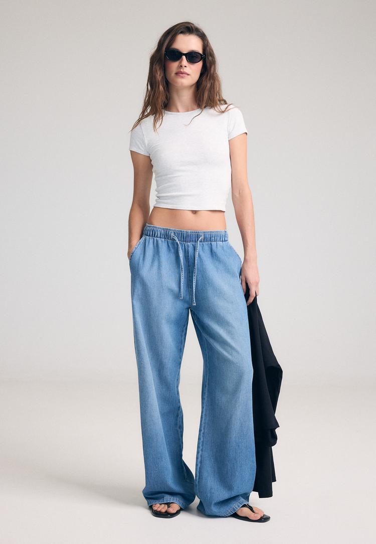 bagcıklı dokumlu denim pantolon