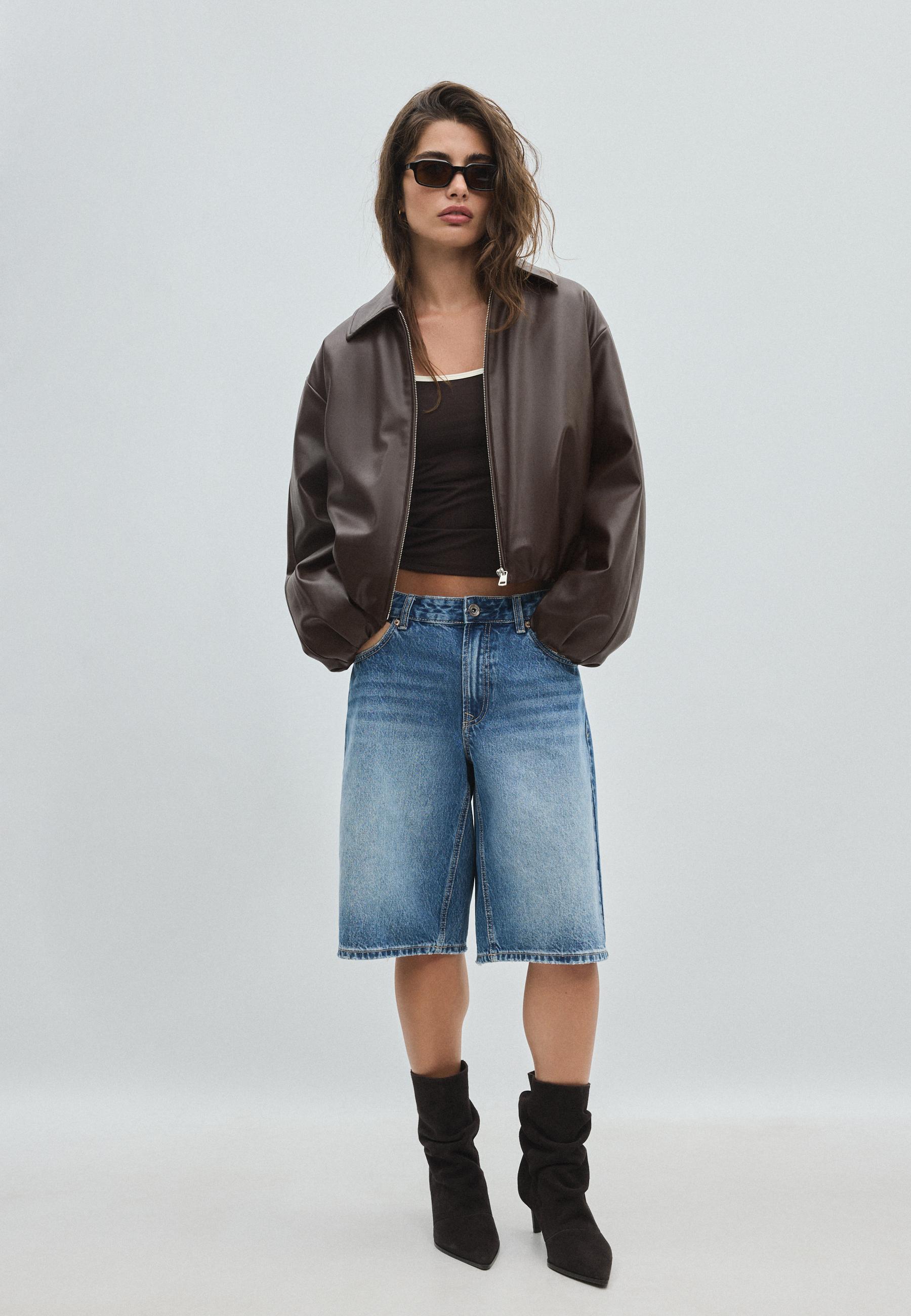 Stradivarius Καπιτονέ Bomber Τζάκετ Όψης Δέρματος Καφέ S
