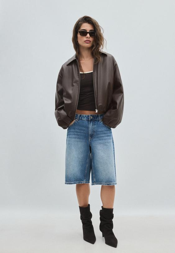 Stradivarius Quilted Faux Leather Bomber Jacket Brown M