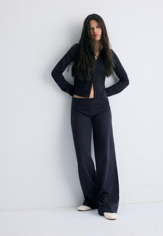 Stradivarius Pantalon Maille Taille Retournée Marine Xs