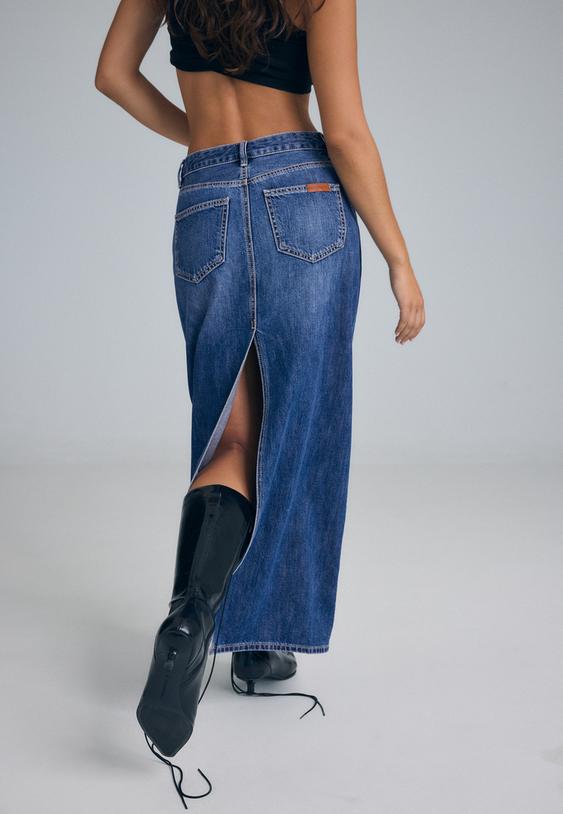Stradivarius Long Denim Skirt Medium Denim Wash 14