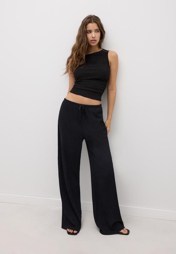 Stradivarius Pantalon Fluide Effet Froissé Noir Xl