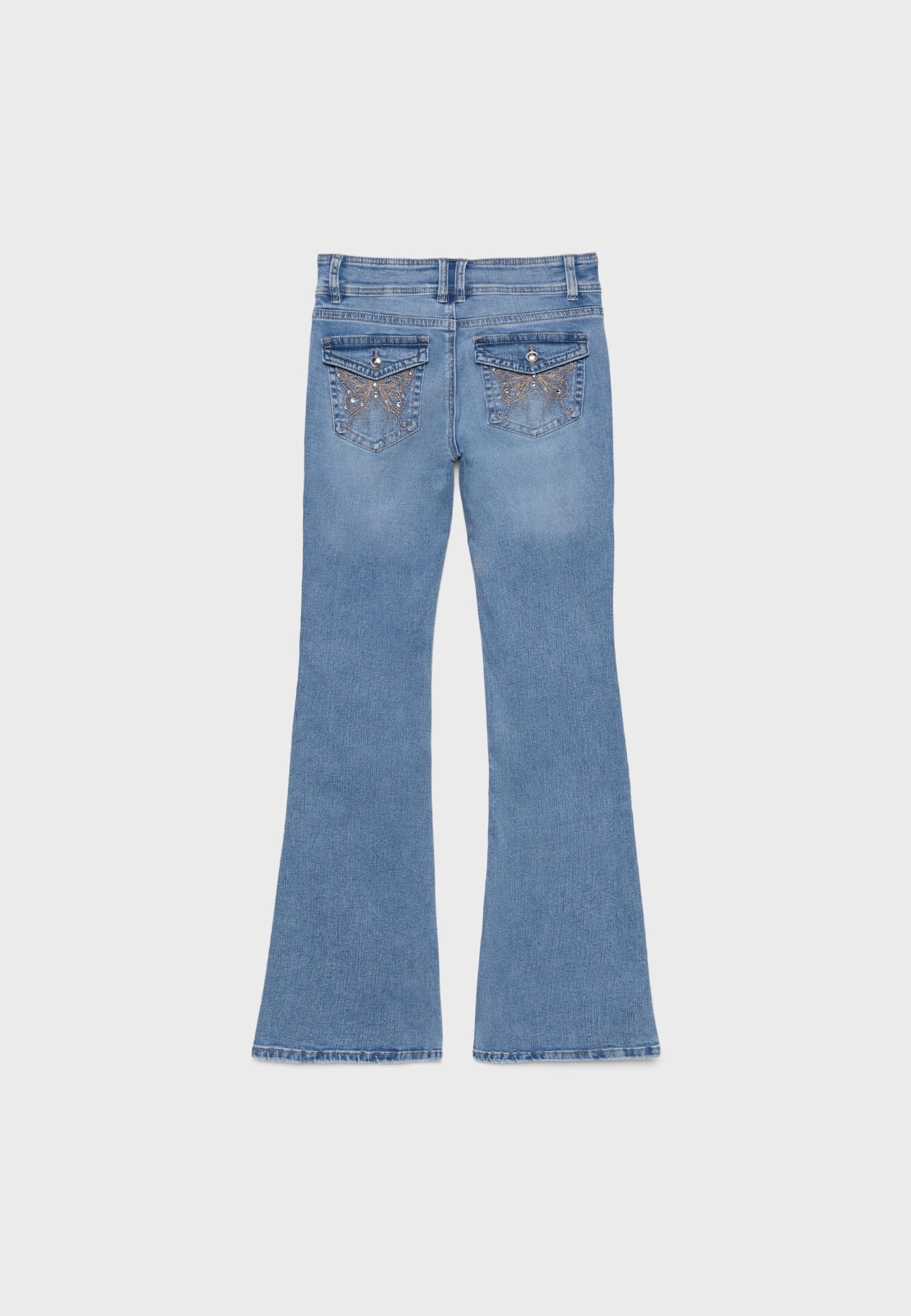 Embroidered bell bottom jeans — MEDIUM LIGHT BLUE DENIM