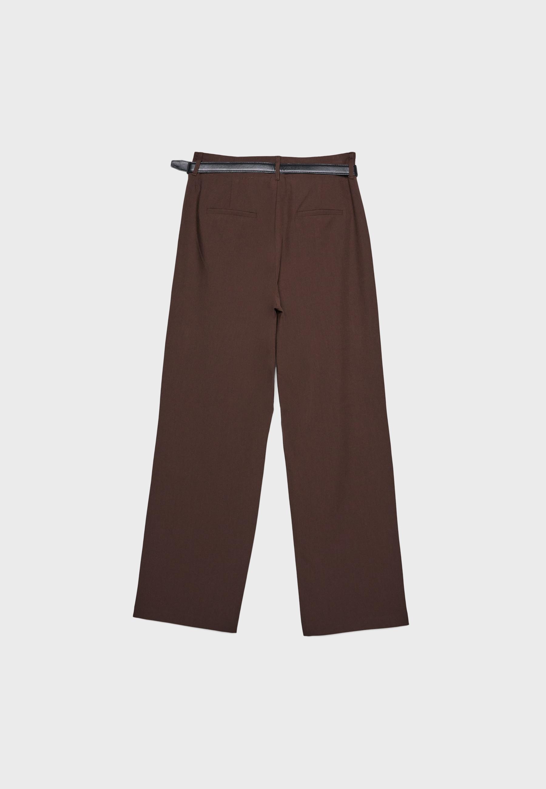 Düz kesim dökümlü kemerli pantolon - Görsel 7