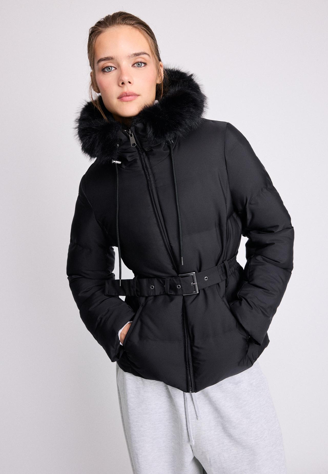 Belted hooded padded jacket — Black