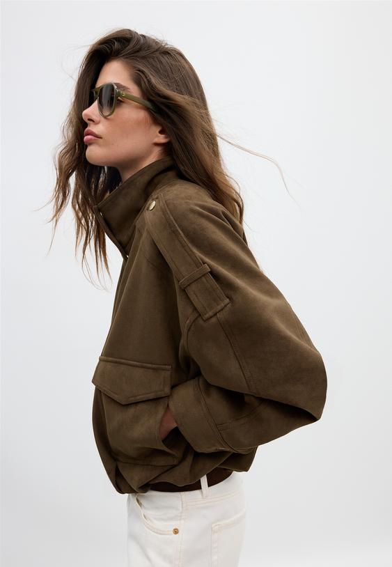 Stradivarius Oversize Faux Suede Jacket Brown M