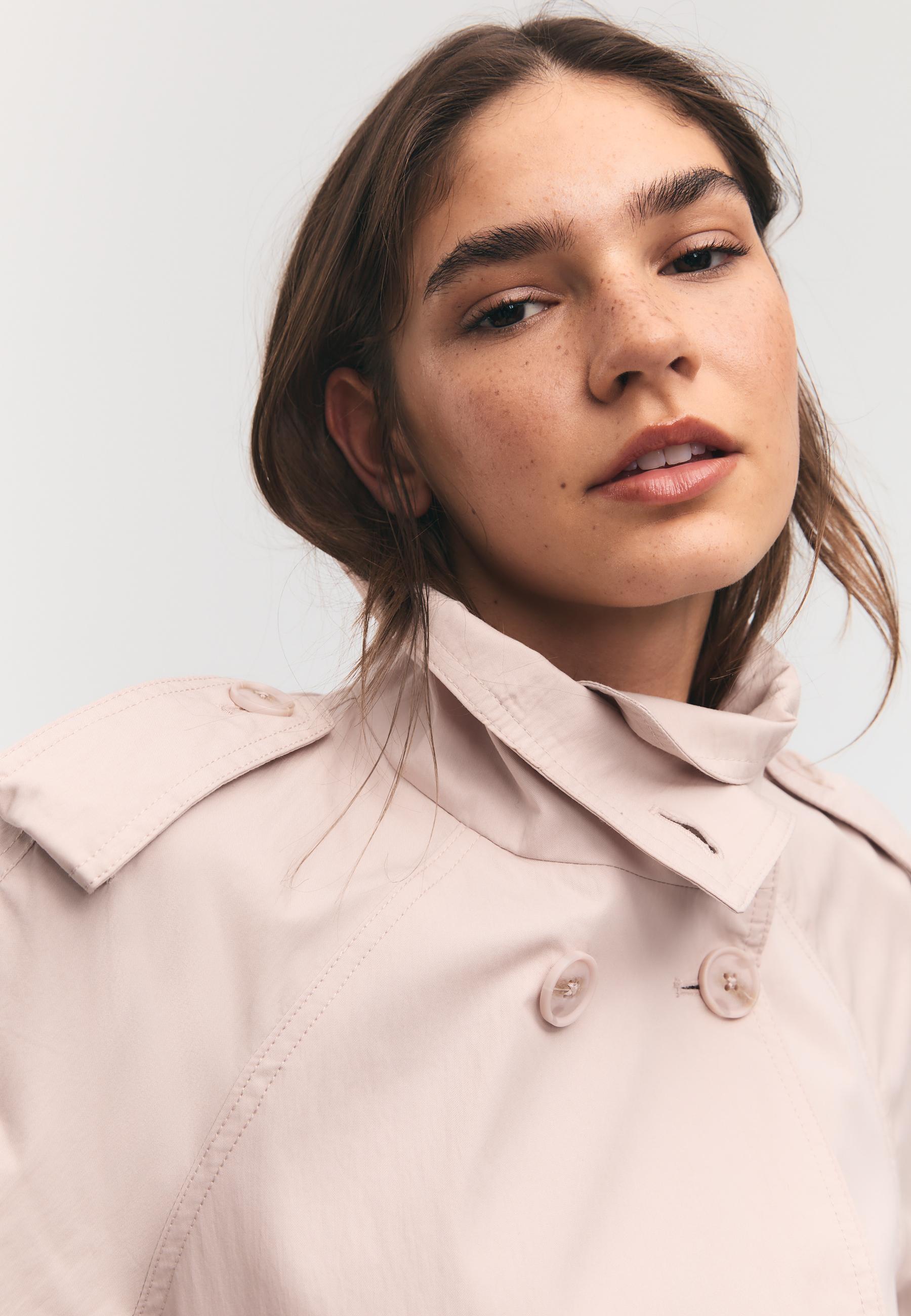 High-neck trench coat with belt — Salmon pink