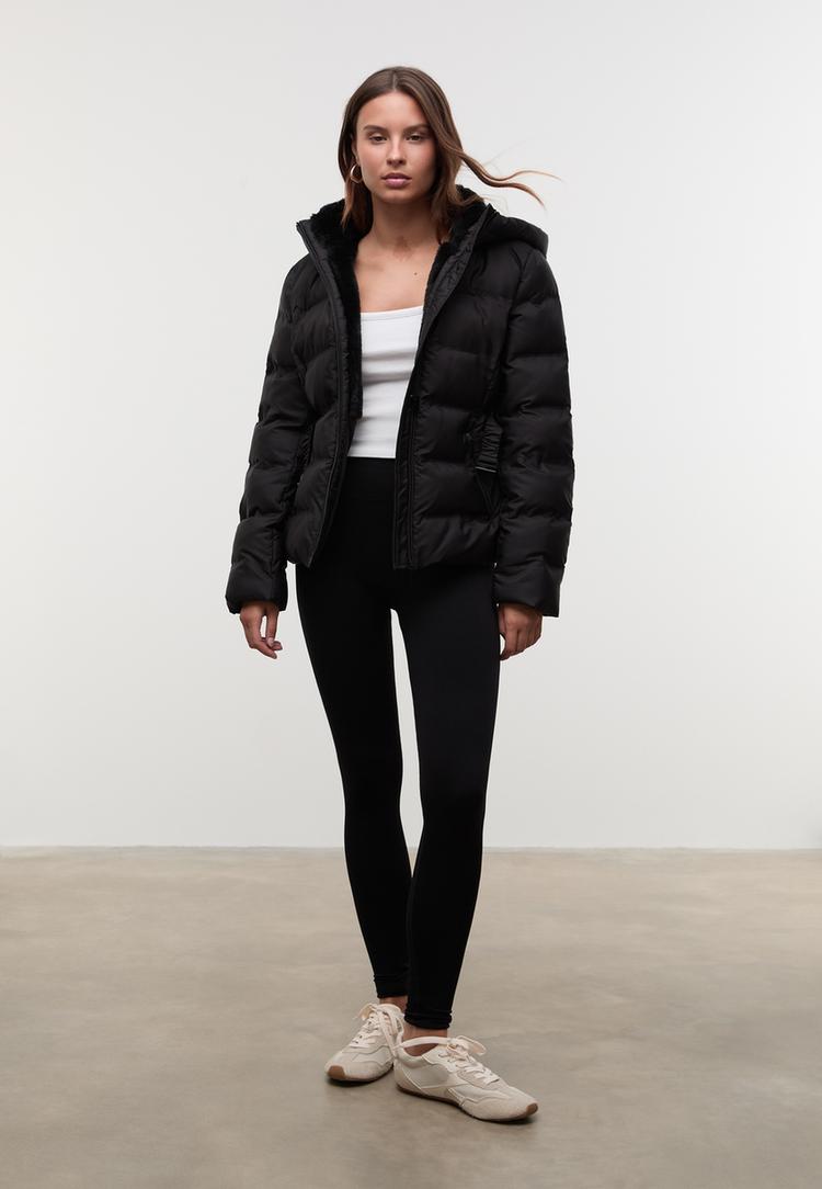 hooded puffer jacket with belt